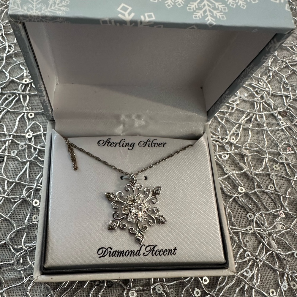 Sterling Silver Snowflake Necklace with Diamond Accent - Picture 2 of 3